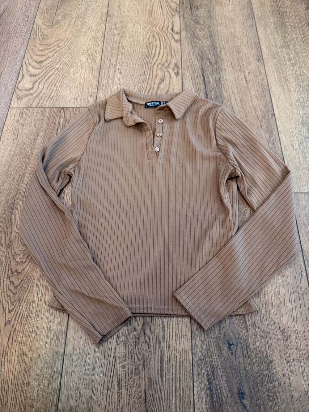 Nasty Gal Ribbed Long-Sleeve Polo - Taupe